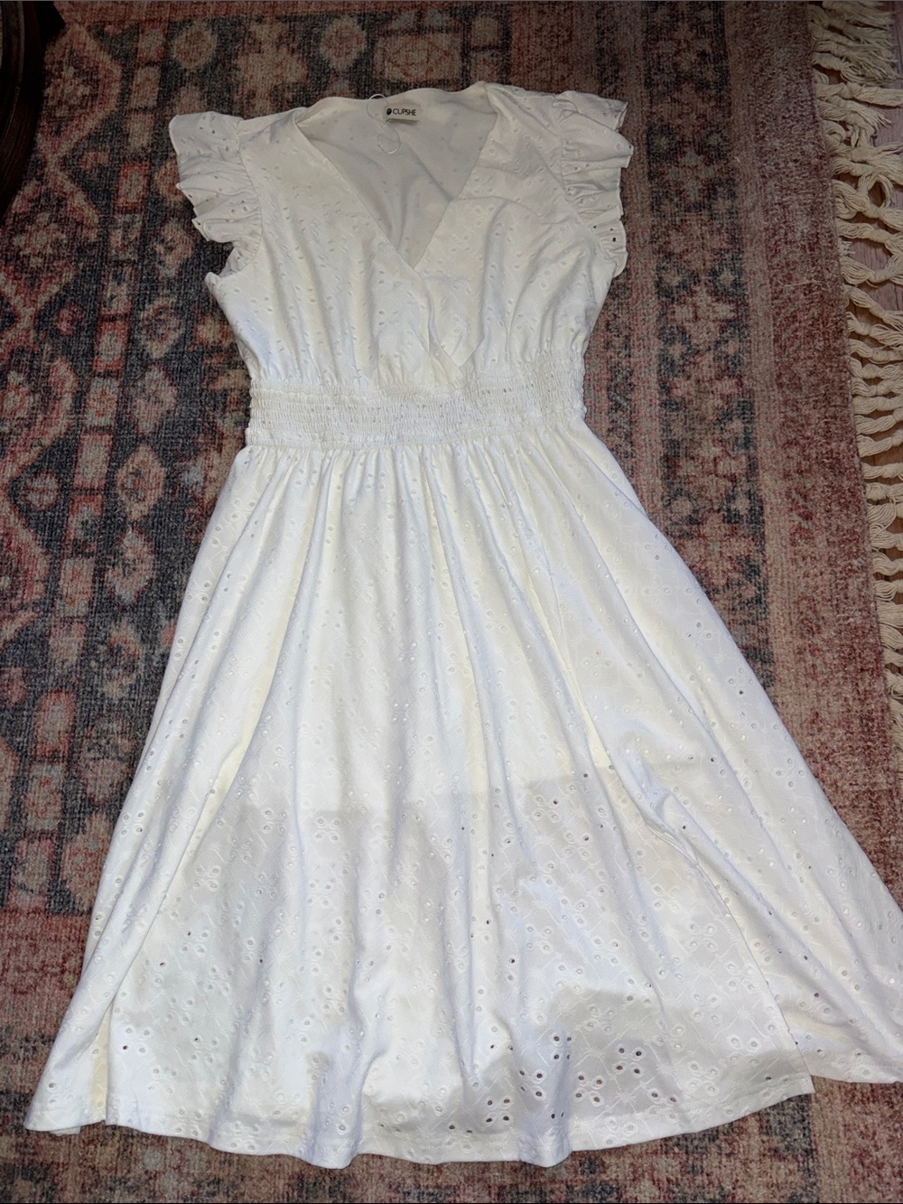 Cupshe White Eyelet V-Neck Smocked Midi Dress with Flutter Sleeves size S
